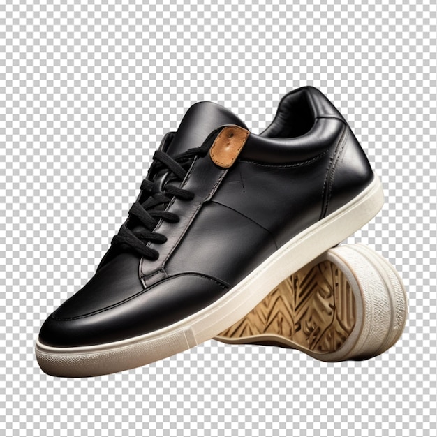 Pair of black leather trainers on white background