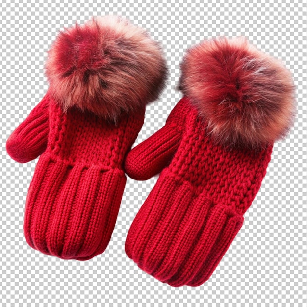 PSD a pair of cozy red knit mitten with faux fur cuffs transparent background