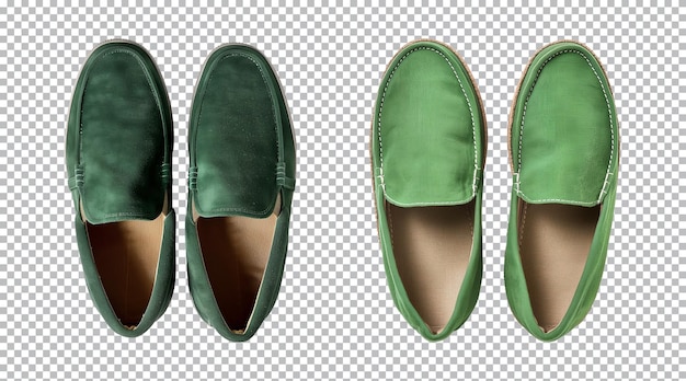 PSD pair of green slipon shoe footwear isolated on a transparent background top view cutout png