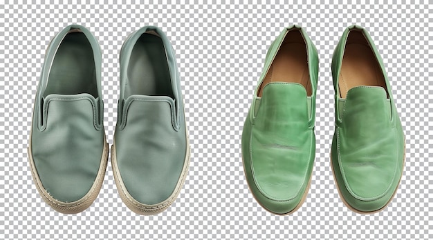 PSD pair of green slipon shoe footwear isolated on a transparent background top view cutout png