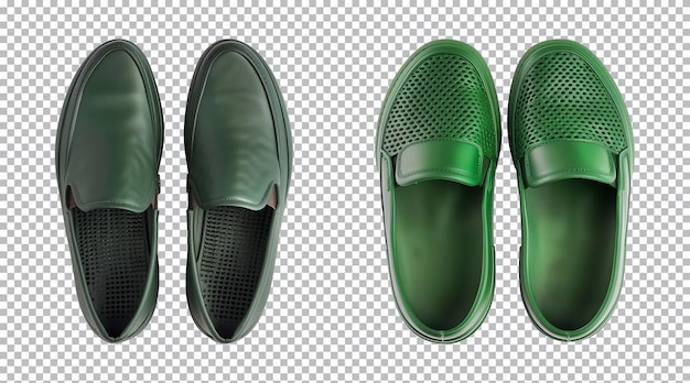 PSD pair of green slipon shoe footwear isolated on a transparent background top view cutout png