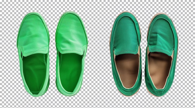 PSD pair of green slipon shoe footwear isolated on a transparent background top view cutout png