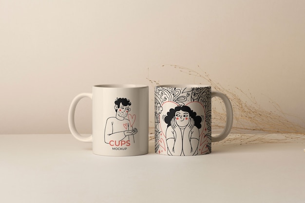 PSD pair of mugs for couples with romantic prints