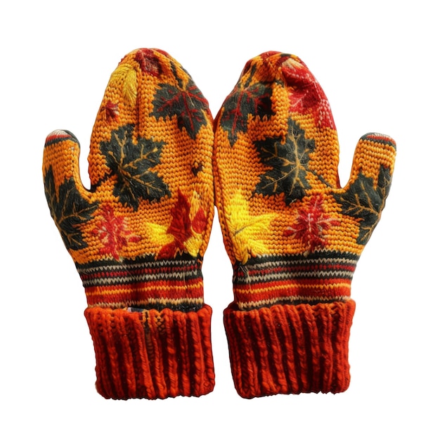 Pair of Orange and Red Knit Mittens with Leaf Pattern