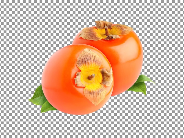 Pair of persimmons with green leaves isolated on transparent background