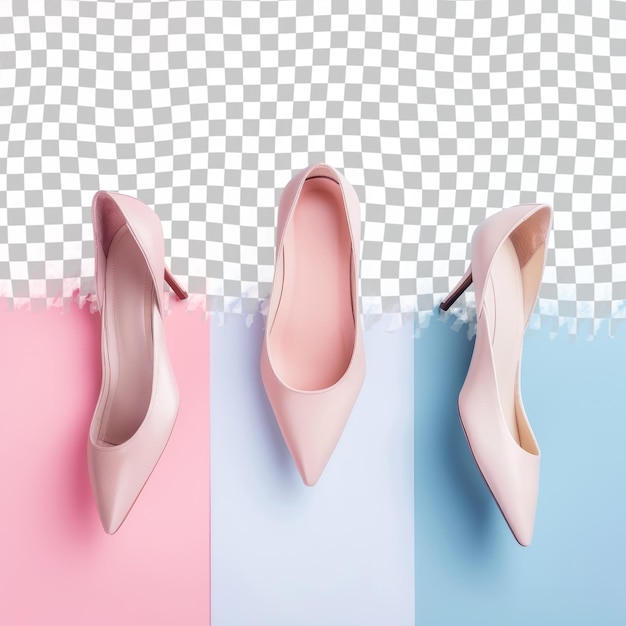 a pair of shoes are shown on a wall with a blue and pink background