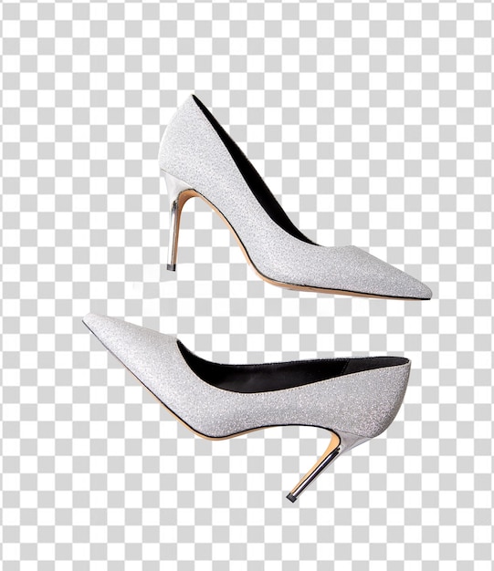 A pair of silver shoes with a black heel and a white shoe on a transparent background png clipart