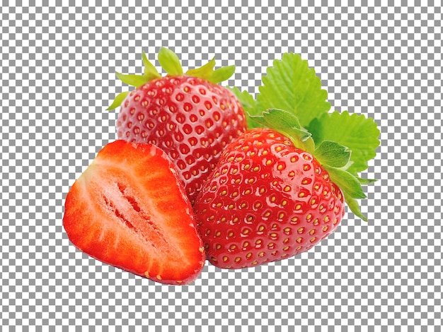 Pair of strawberry fruit with a slice isolated on transparent background