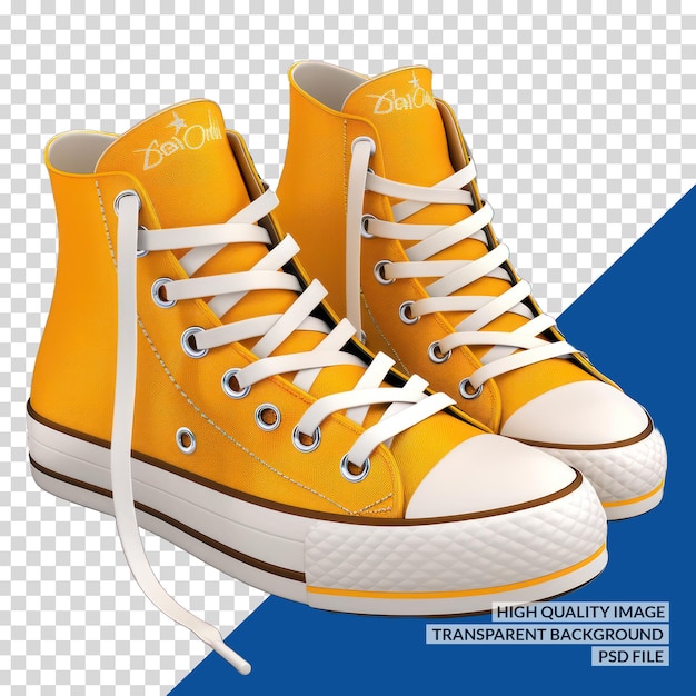 a pair of yellow sneakers with white laces and a blue background