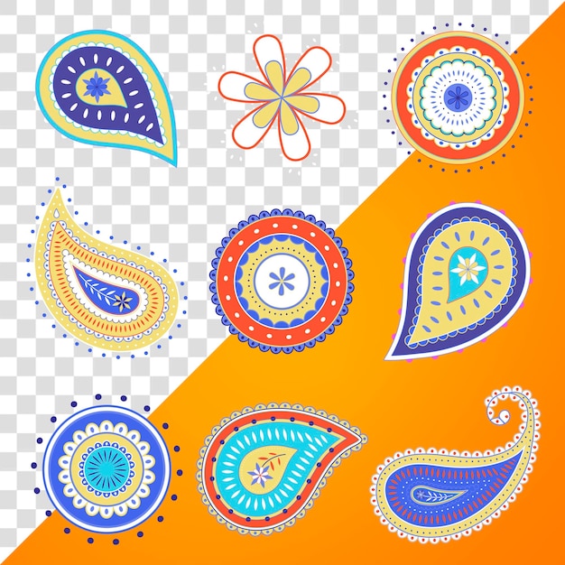 PSD paisley mandala png sticker indian traditional colorful illustration set