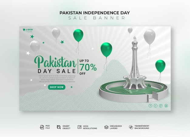 Pakistan day sale banner template with 3d minar pakistan