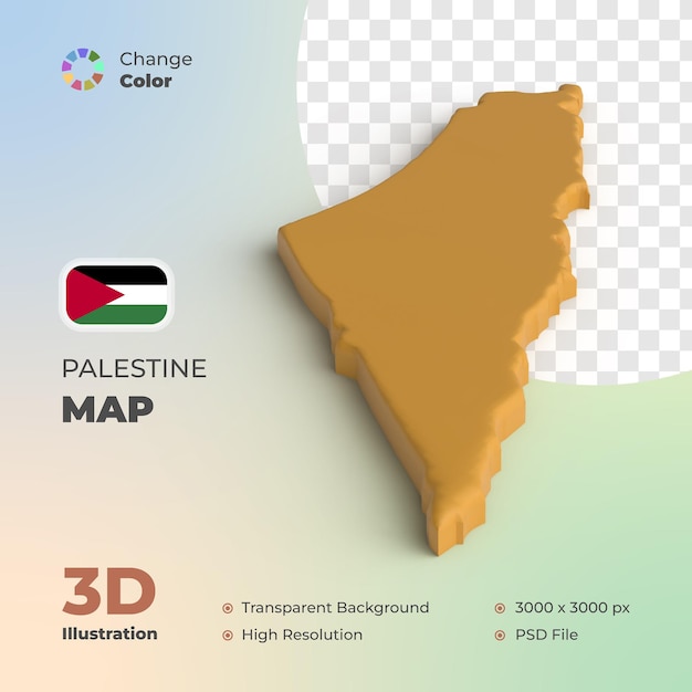 Palestine country map 3d render with transparent background and can change color