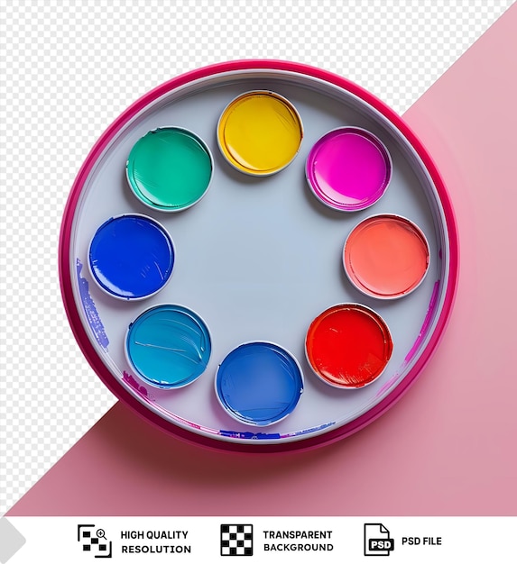 PSD palettes of various colors in a bowl on a pink background