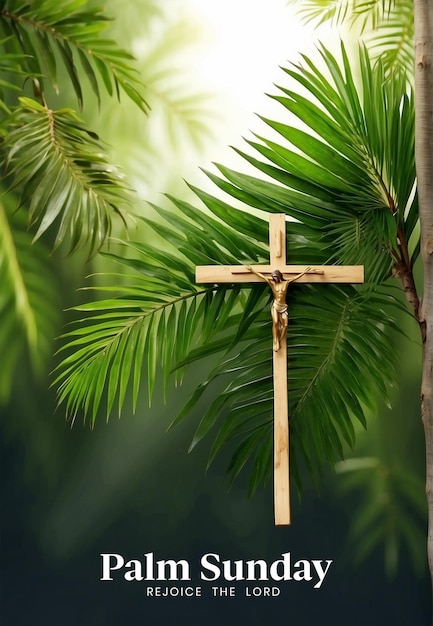 Palm Sunday concept forest palm tree branches with Christian cross on light green background