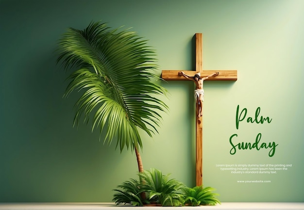 Palm Sunday concept palm tree branch on the canvas with wooden Christian cross