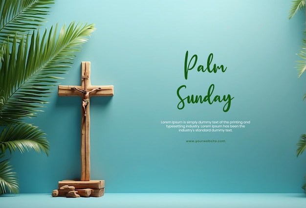 Palm Sunday concept palm tree branches on left side of the canvas with wooden Christian cross