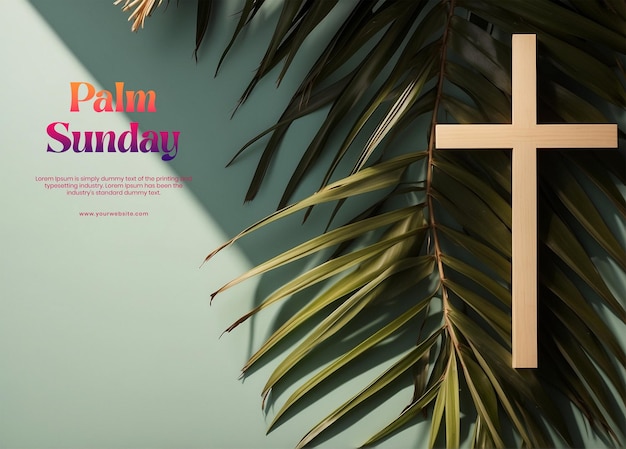 Palm Sunday concept palm tree branches on right side with wooden Christian cross