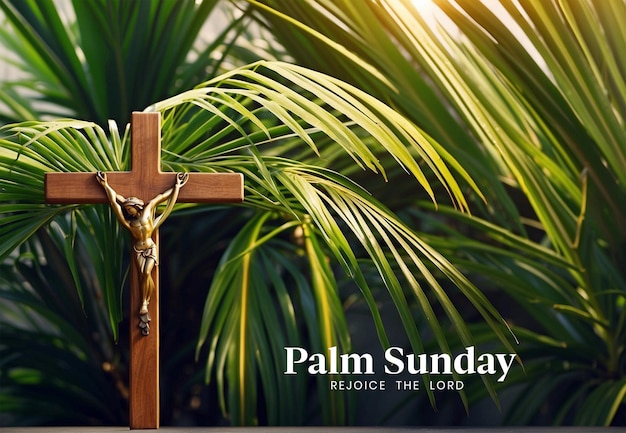 Palm Sunday concept palm tree branches with decorated Christian cross background