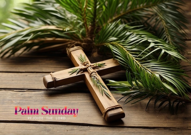 PSD palm sunday concept palm tree branches with decorated wooden christian cross on wooden background