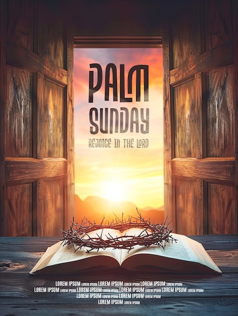 palm sunday poster template with Christian Cross and open book with crown of thorns with Doors back