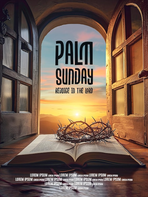 palm sunday poster template with Christian Cross and open book with crown of thorns with Doors back