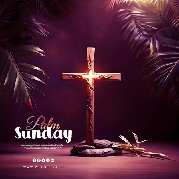 PSD palm sunday with wooden cross and palm leaves palm sunday poster template