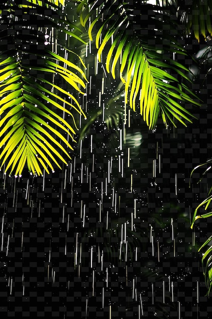 a palm tree with rain drops on it and a green palm leaf