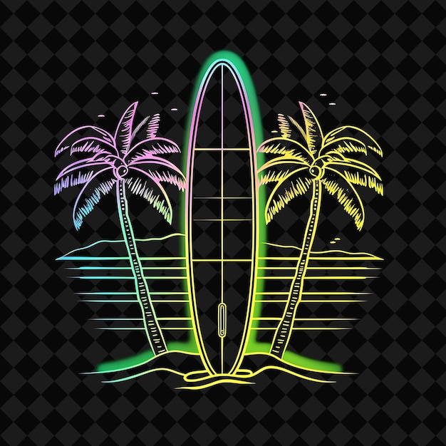 PSD palm trees are painted on a black background with a surfboard and the word surf