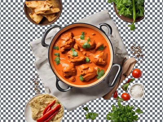 A pan of chicken curry with a tomato sauce isolated on transparent background