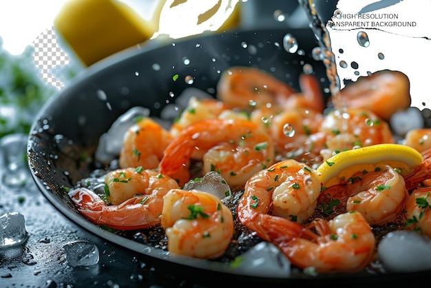 a pan of shrimp with a lemon wedge and a knife is being used to stir the shrimp