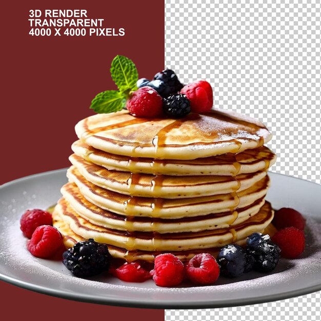 pancakes with syrup and berries on a plate with a red background