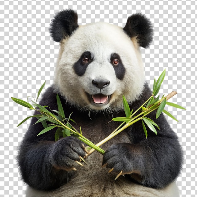 A panda bear holding bamboo and smiling on transparent background