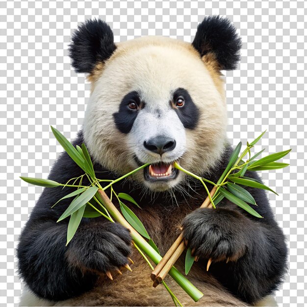 A panda bear holding bamboo and smiling on transparent background