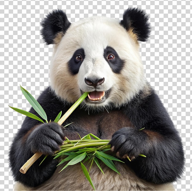 A panda bear holding bamboo and smiling on transparent background