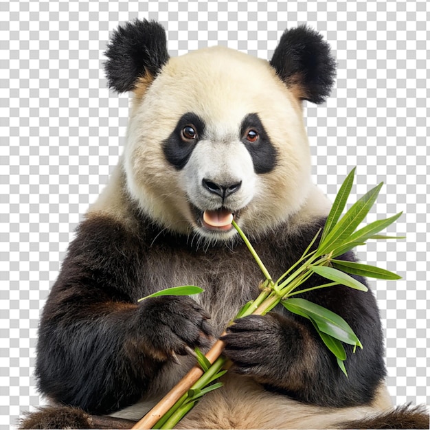 PSD a panda bear holding bamboo and smiling on transparent background