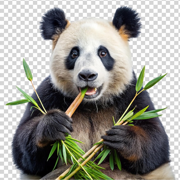 A panda bear holding bamboo and smiling on transparent background