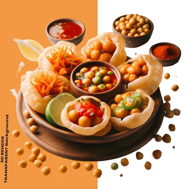 Pani puri Chat papri Long Charhe GolGappey Dal Papri Mix Fruit Chat 4K isolated transparent BG