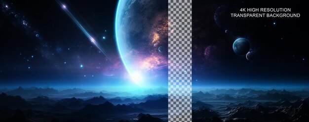 PSD panorama of distant planet system in space 3d render on transparent background