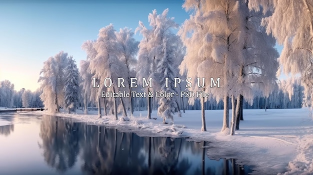 Panorama of the frozen lake and snowcovered trees