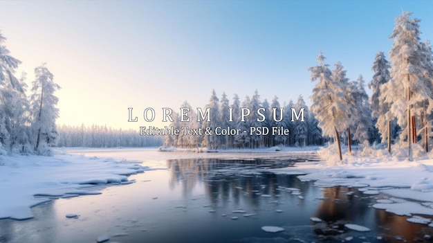 Panorama of the frozen lake and snowcovered trees