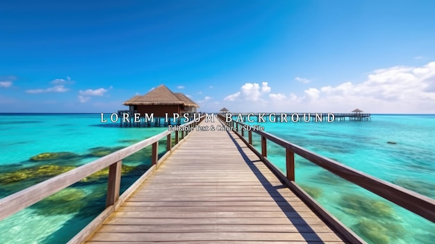 PSD panorama of water villas bungalows and wooden jetty at tropical beach in the maldives at summer day