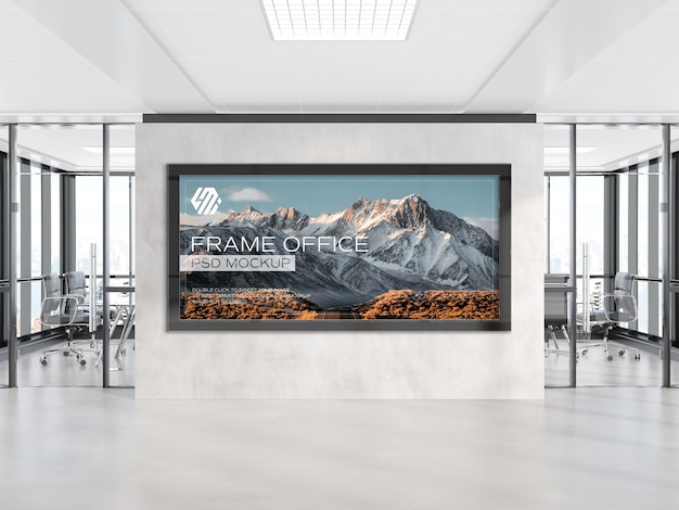 Panoramic frame hanging on office wall mockup