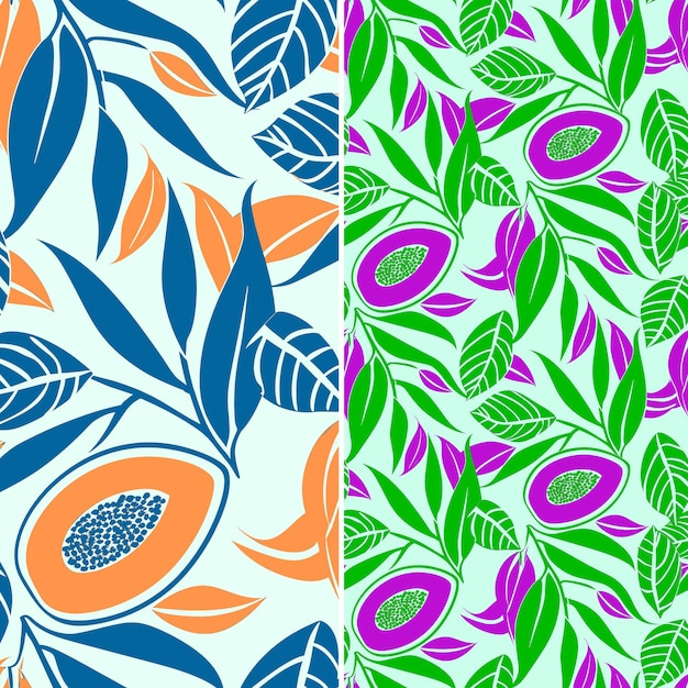 Papaya With Leafy Outlines and Intricate Design With Striped Tropical Fruit Pattern Vector Design