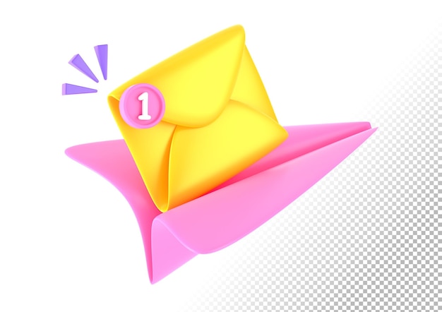 Paper airplane with mail envelope and notification icon 3d render Send email or message in social media subscribe to newsletter Isolated cartoon flying plane with letter and notice