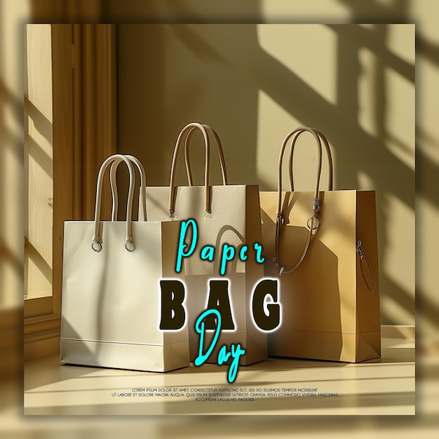 Paper bag day ecology bag with leaves shopping bag holding several flowers background