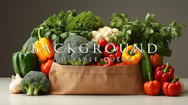 Paper bag filled with vegetables and fruits on a white background