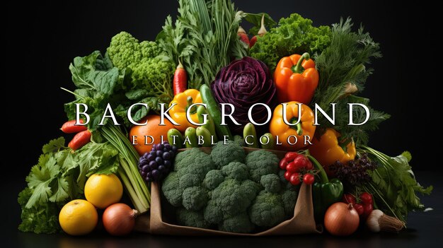 Paper bag filled with vegetables and fruits on a white background