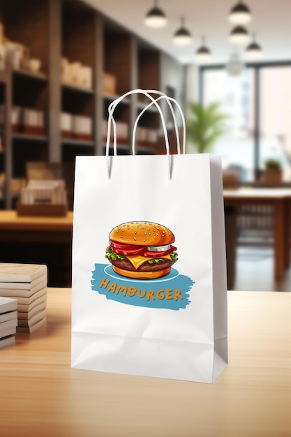 a paper bag with a hamburger on it that says burger on it