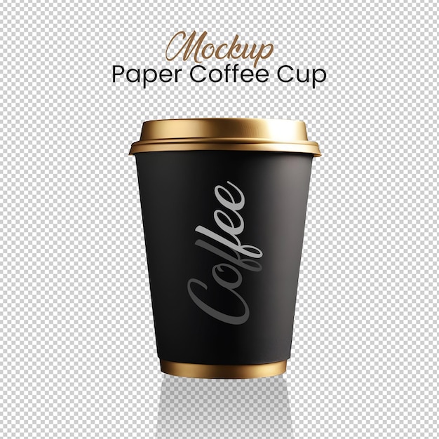 PSD paper coffee cup 3d drinkware with golden plastic lid on it with coffee logo transparent cup mockup