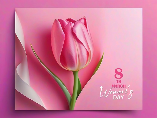 The paper deep pink tulip isolated on pink background Happy Womens Day 8 March text